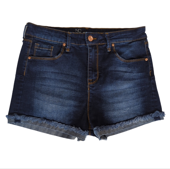 Nobo No Boundaries High Rise Distressed Frayed Cuff Jean Shortie Shorts 13 Blue - Picture 1 of 14